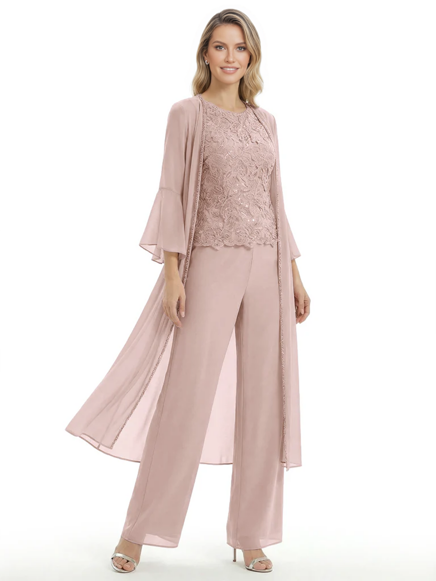 Elegant Pink 3-Piece Pant Set Trending 2026 Styles with Lace Wide-Leg Pants