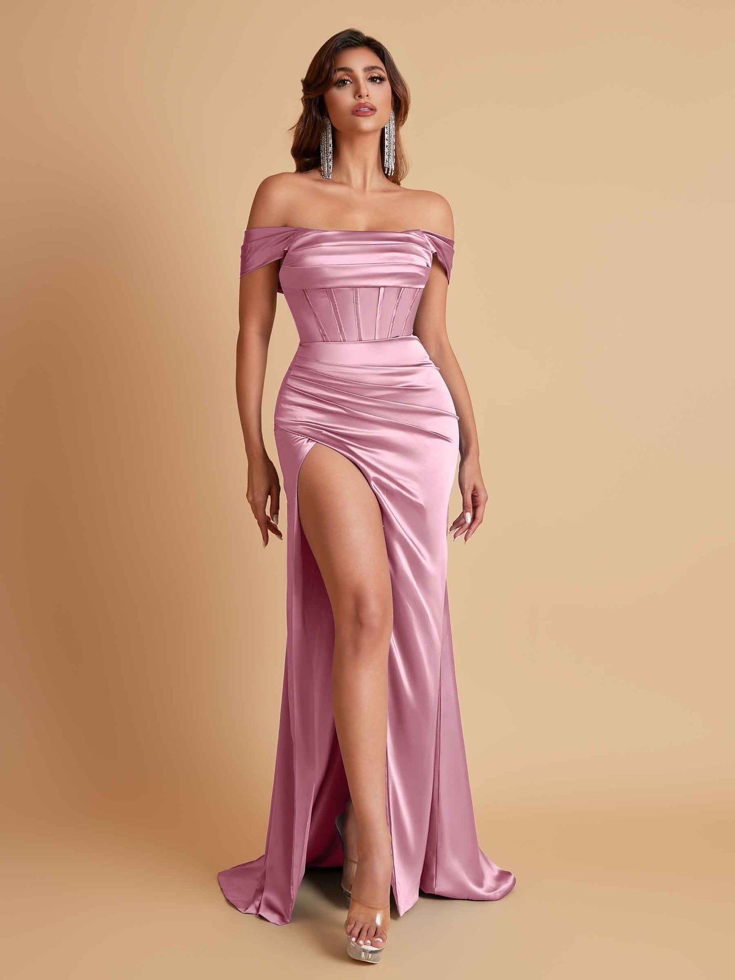 Sexy Off the Shoulder Soft Satin Side Slit Floor-Length Mermaid Bridesmaid Dresses