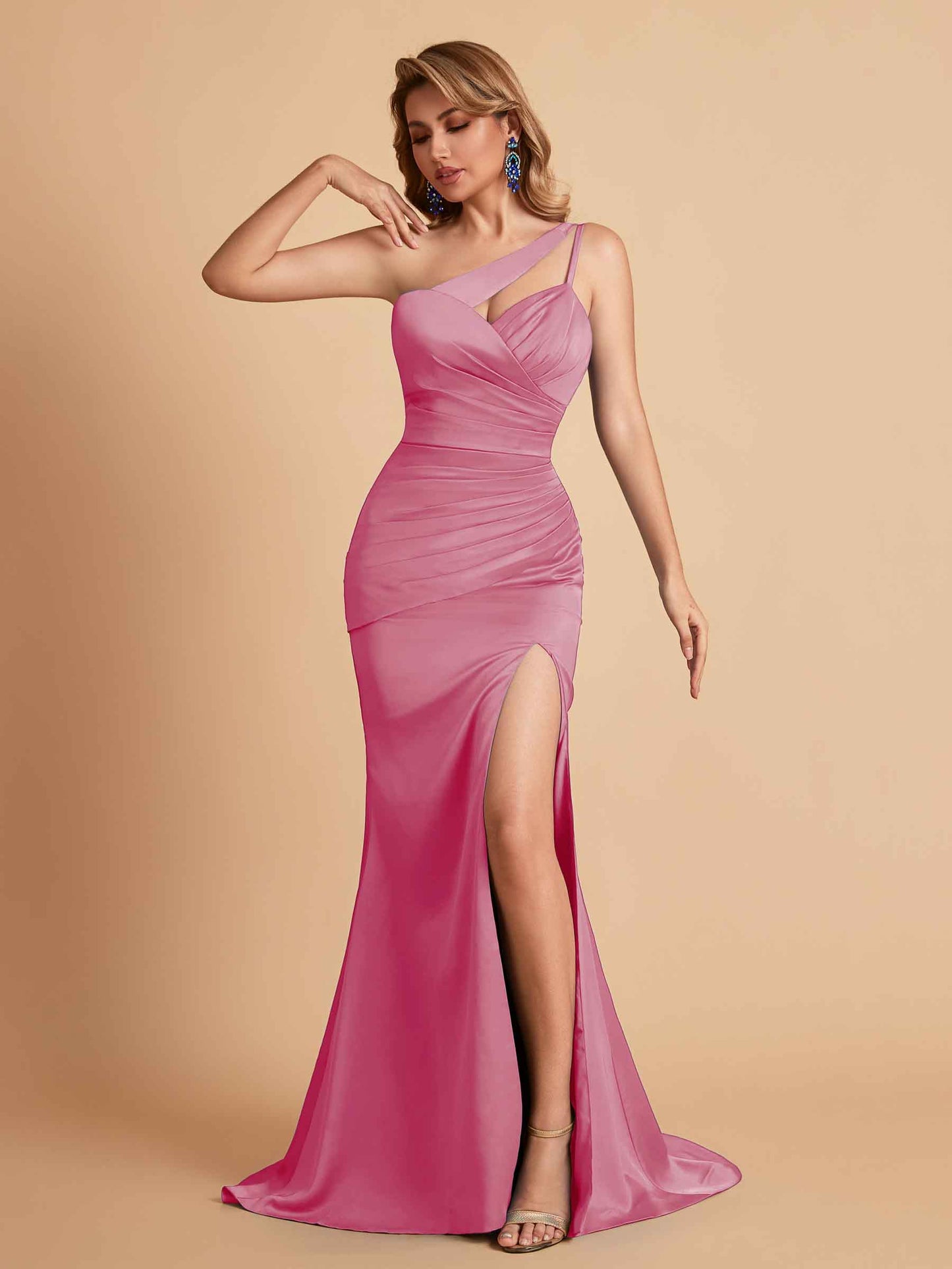 Elegant Satin One Shoulder Mermaid Side Slit Floor Length Bridesmaid Dresses