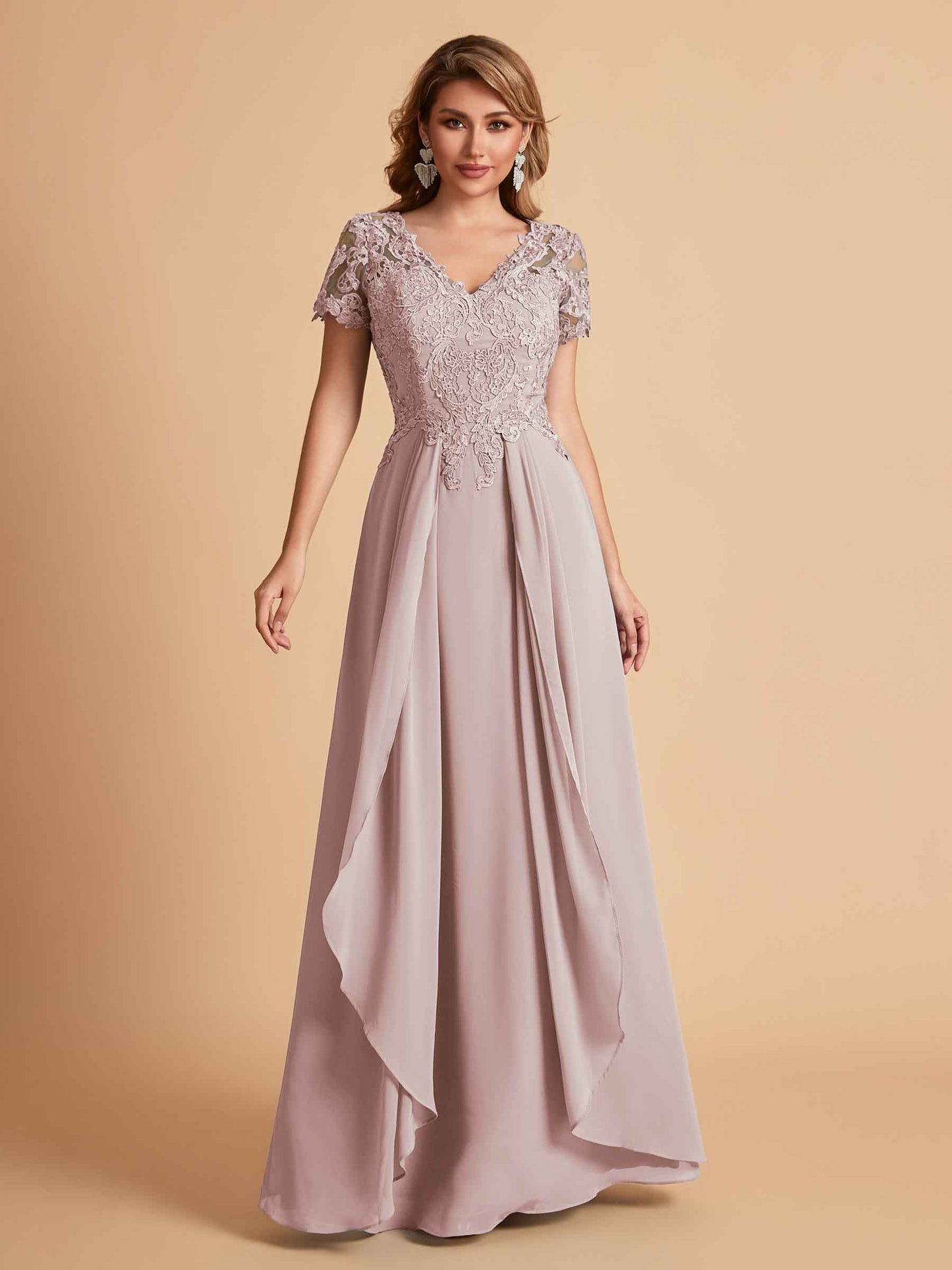 Elegant A-Line Chiffon Short Sleeves V-neck Mother of the Brides Dresses Lace Top MOB Dresses