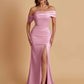 Elegant Soft Satin Mermaid Off Shoulder Asymmetrical Side Slit Floor-Length Bridesmaid Dresses