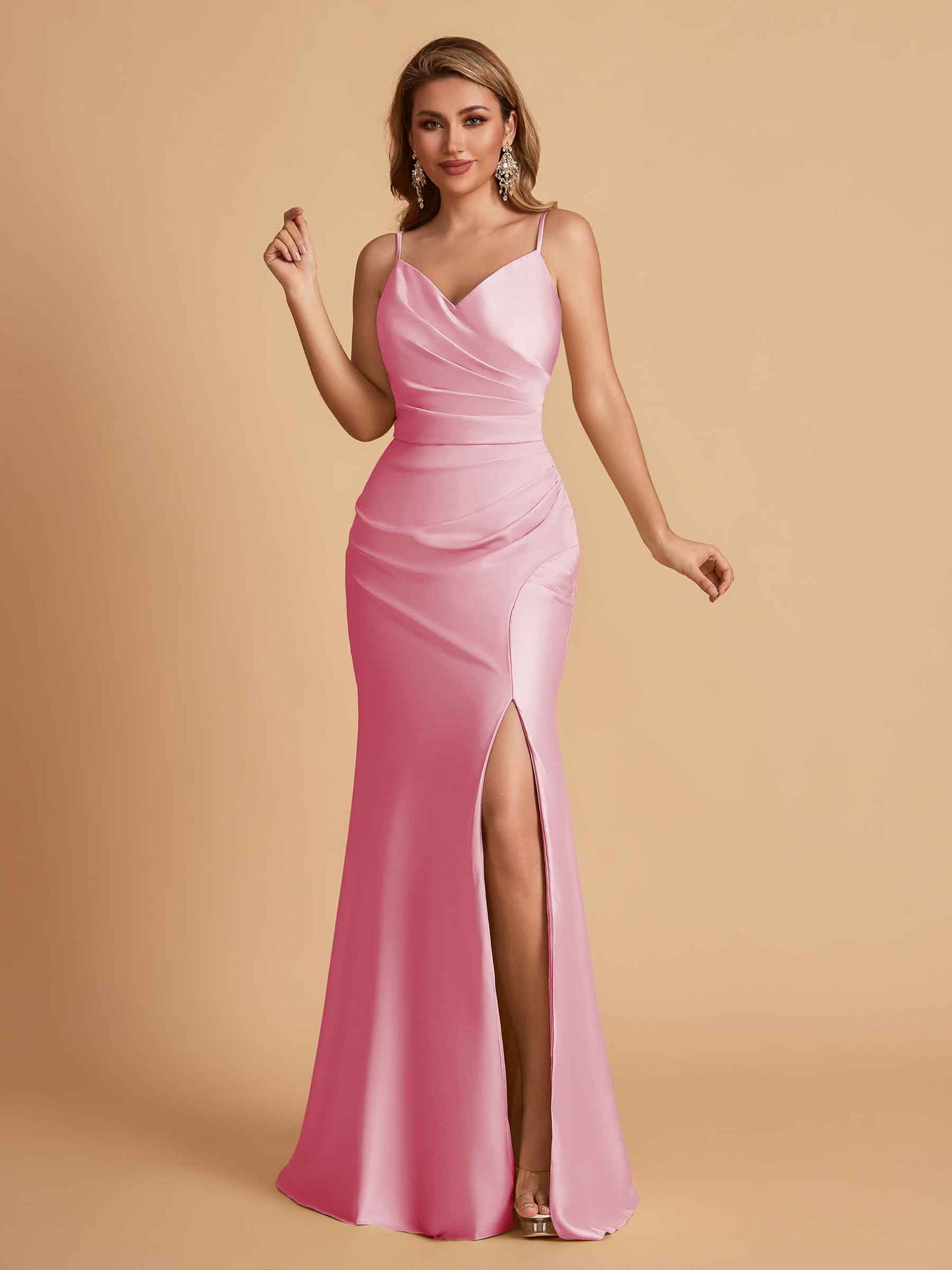 Elegant Satin Spaghetti Straps Mermaid Side Slit Floor Length Bridesmaid Dresses