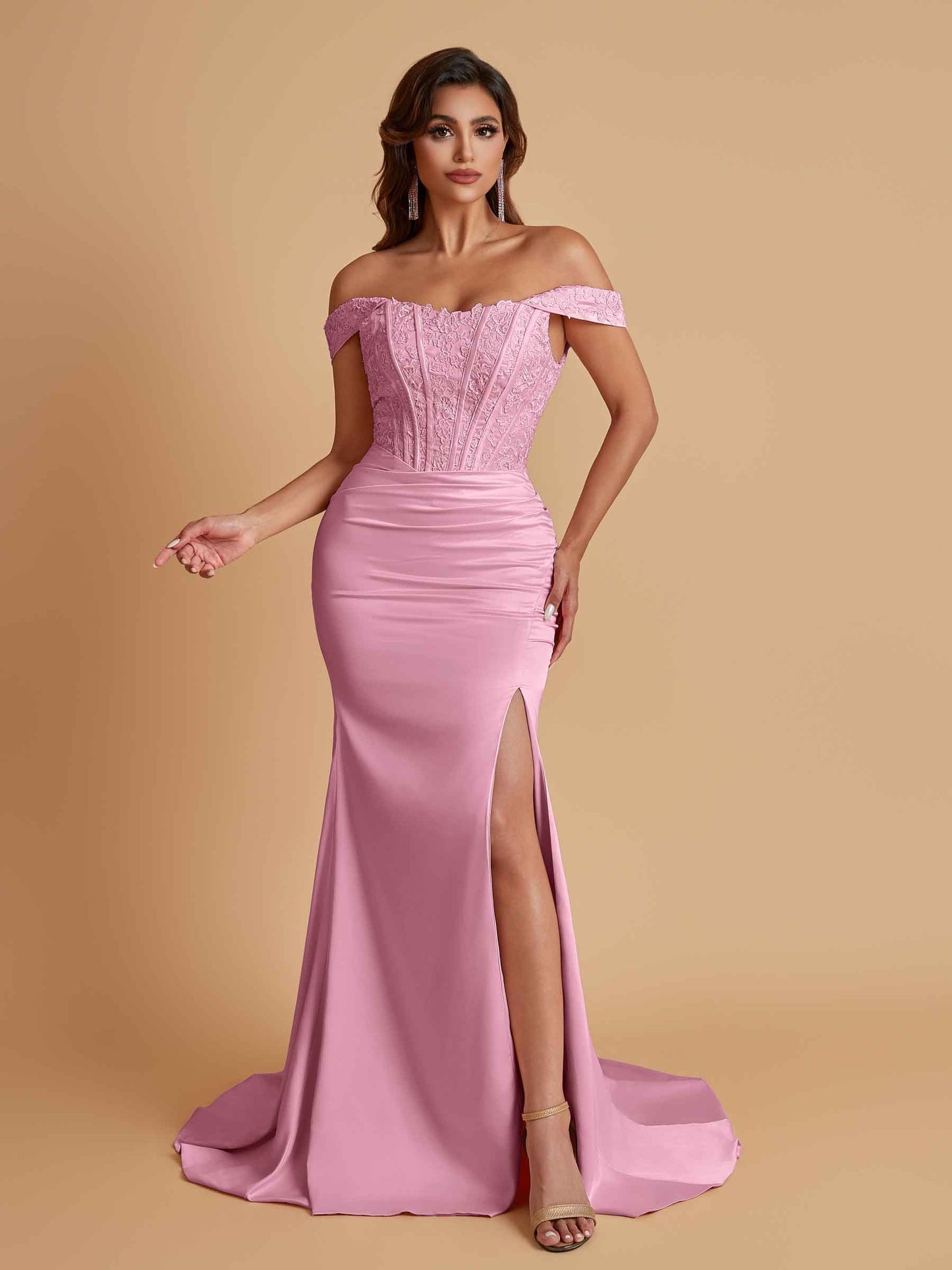 Elegant Soft Satin Mermaid Off Shoulder Side Slit Floor-Length Mermaid Bridesmaid Dresses
