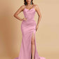 Sexy Spaghetti Straps V Neck Soft Satin Side Slit Floor-Length Mermaid Bridesmaid Dresses