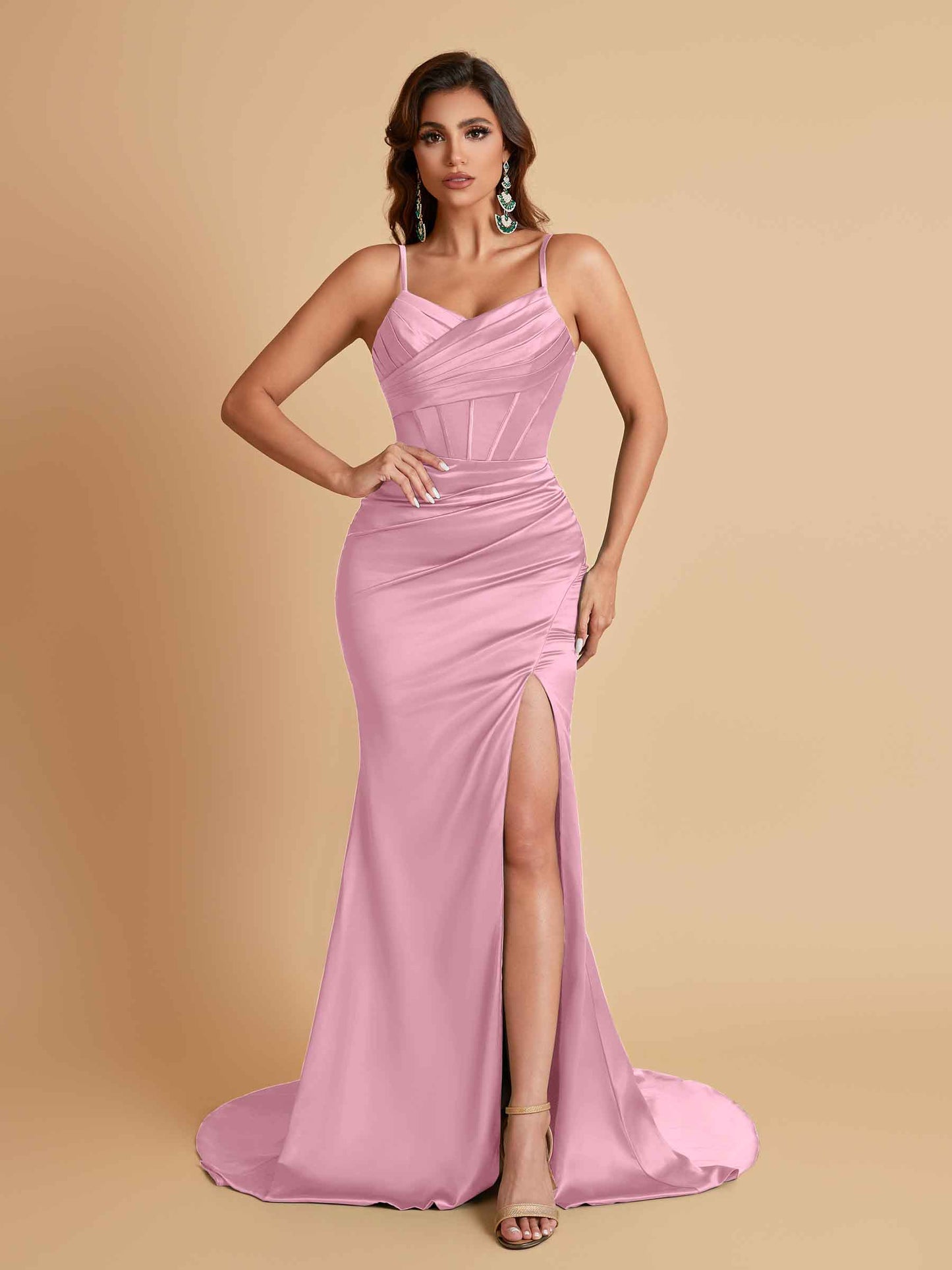 Sexy Spaghetti Straps V Neck Soft Satin Side Slit Floor-Length Mermaid Bridesmaid Dresses
