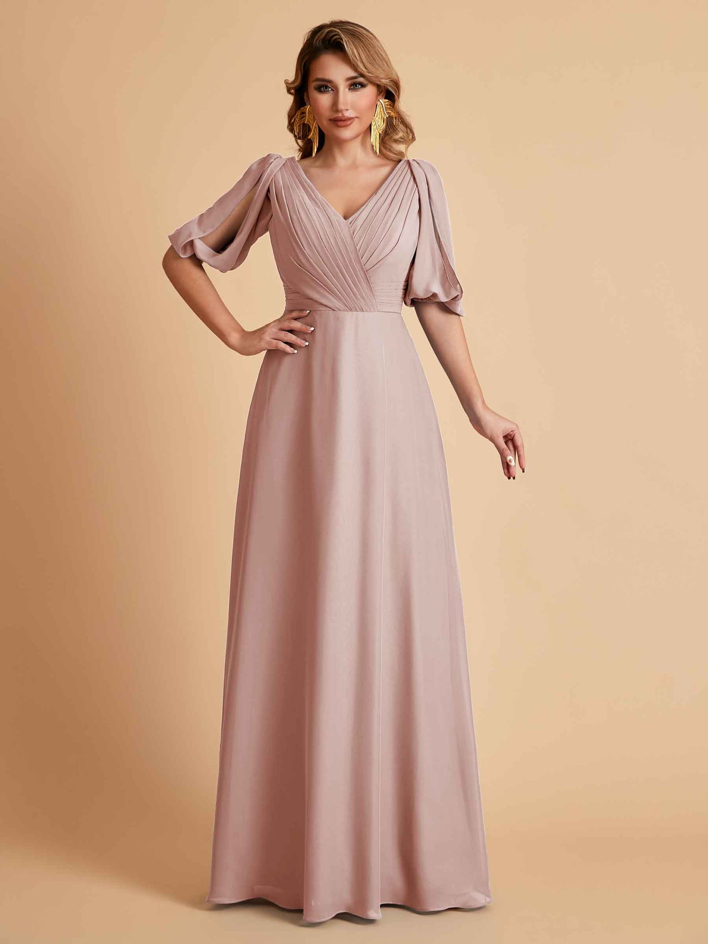 Elegant A-Line Chiffon Half Sleeves V-Neck Mother of the Brides Dresses Online