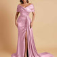 Elegant Soft Satin V-neck Off-the-Shoulder Side-Slit Mermaid Bridesmaid Dresses