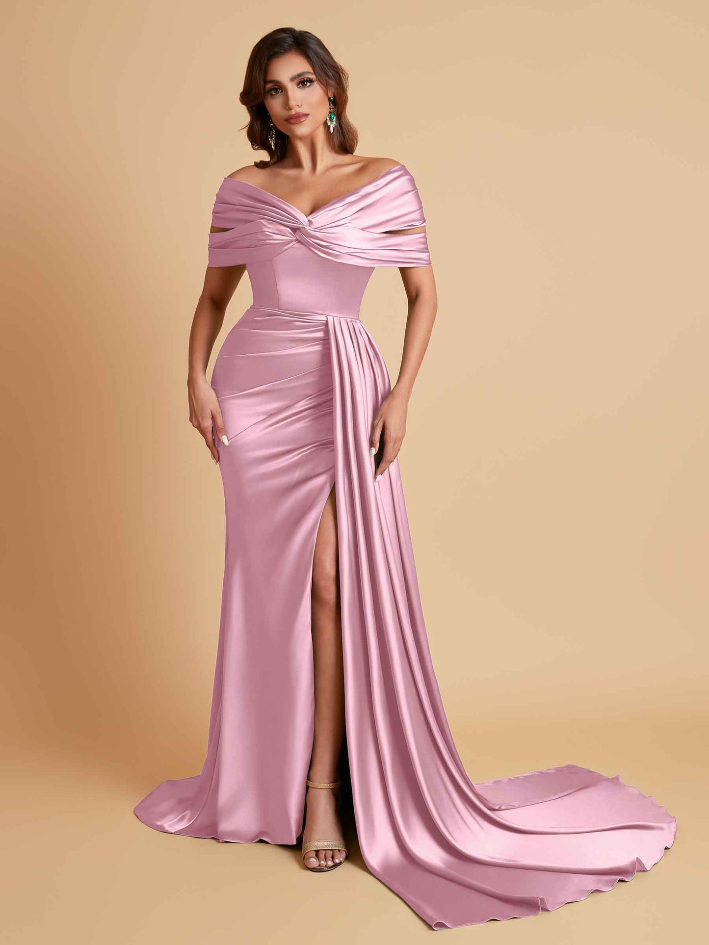 Elegant Soft Satin V-neck Off-the-Shoulder Side-Slit Mermaid Bridesmaid Dresses