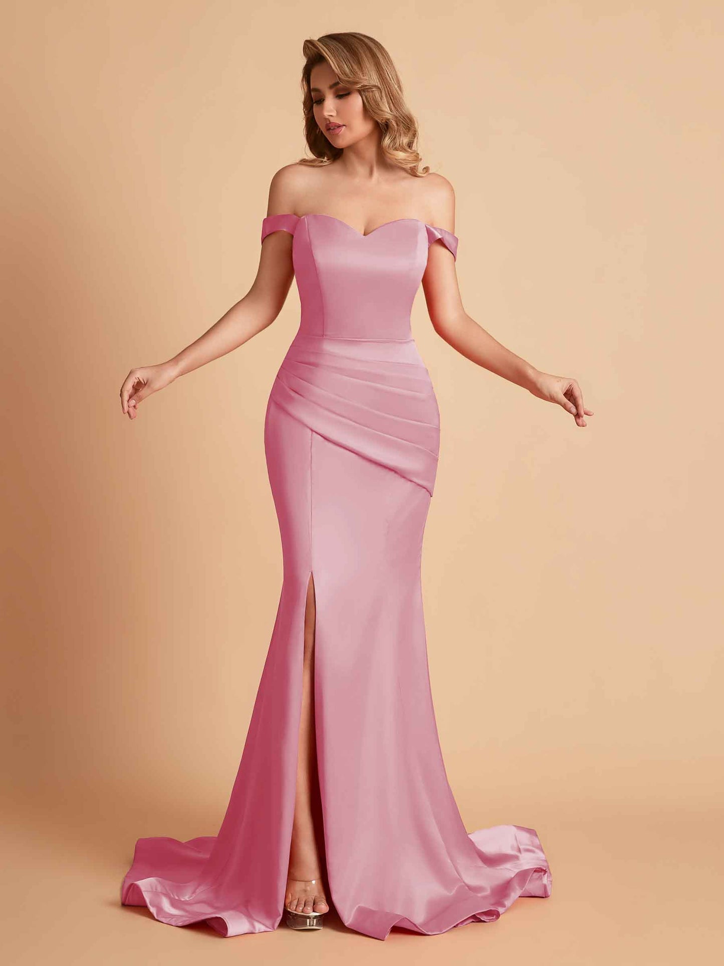 Elegant Satin Off the Shoulder Mermaid Side Slit Floor Length Bridesmaid Dresses