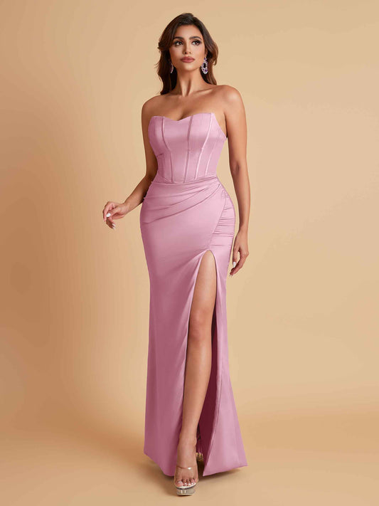 Sexy Strapless Soft Satin Side Slit Floor-Length Mermaid Bridesmaid Dresses