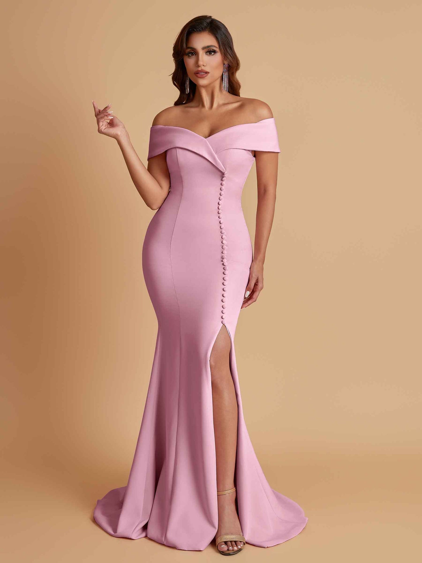 Elegant Soft Satin Mermaid Off Shoulder Side Slit Floor-Length Bridesmaid Dresses