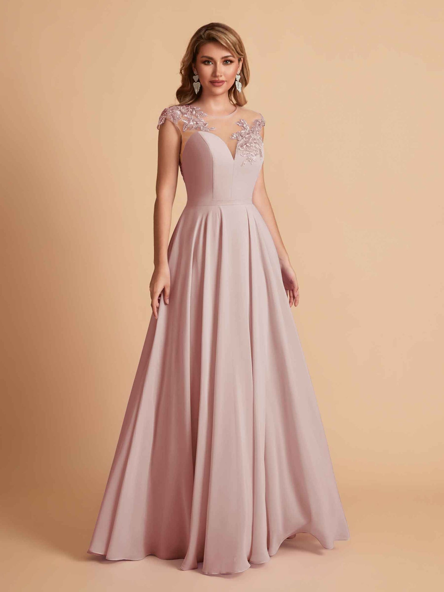 Chiffon Illusion Lace Top A-line Bridesmaid Dresses V-neck Floor Length Wedding Guest Dresses