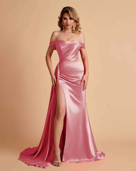Satin Mermaid Off Shoulder Bridesmaid Dresses Sweetheart Floor Length with Train