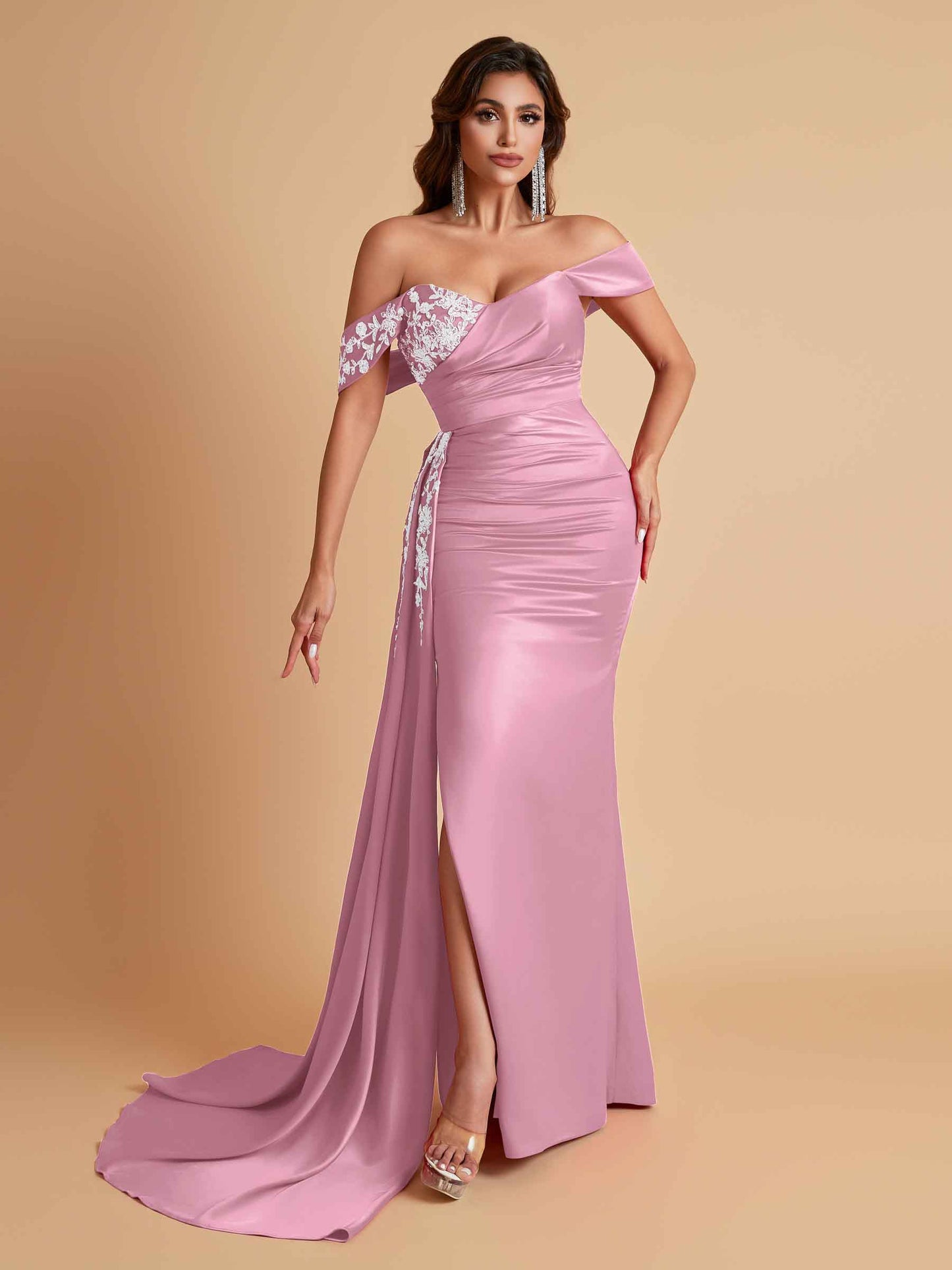 Elegant Soft Satin Mermaid Off Shoulder Floor-Length Mermaid Bridesmaid Dresses