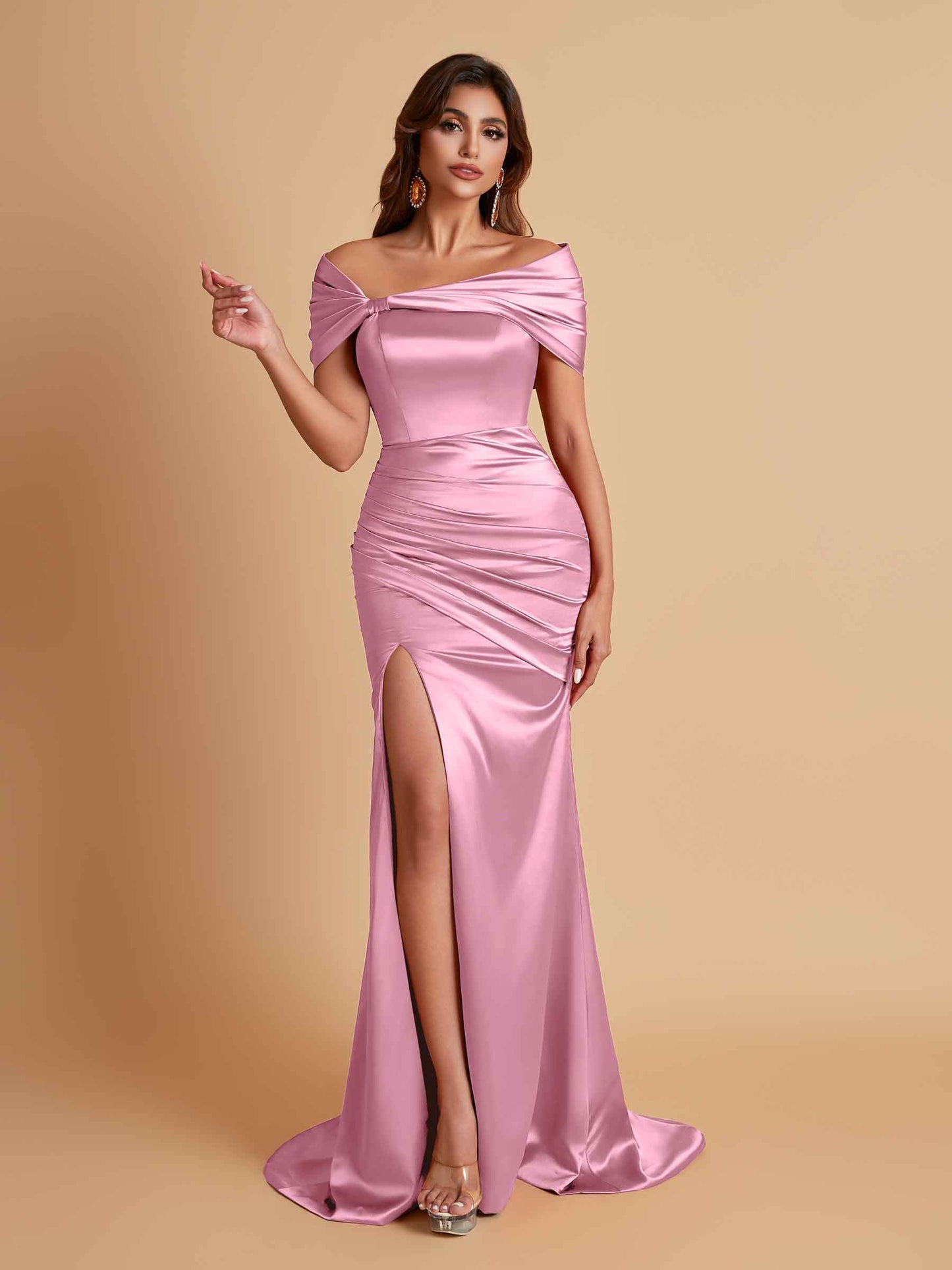 Elegant Soft Satin Off-the-shoulder Side-Slit Mermaid Bridesmaid Dresses