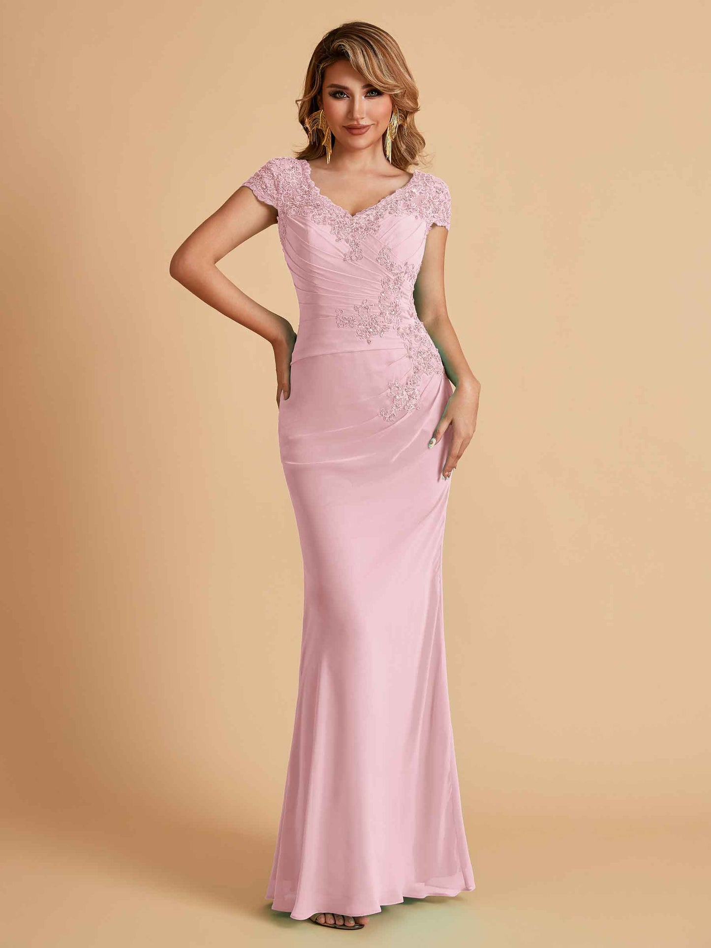 Elegant Mermaid Chiffon Cap Sleeves V-Neck Mother of the Brides Dresses Online