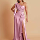 Sexy Soft Satin Mermaid One Shoulder Asymmetrical Side Slit Floor-Length Bridesmaid Dresses