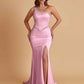 Sexy Soft Satin Mermaid One Shoulder Side Slit Beading Floor-Length Bridesmaid Dresses Online