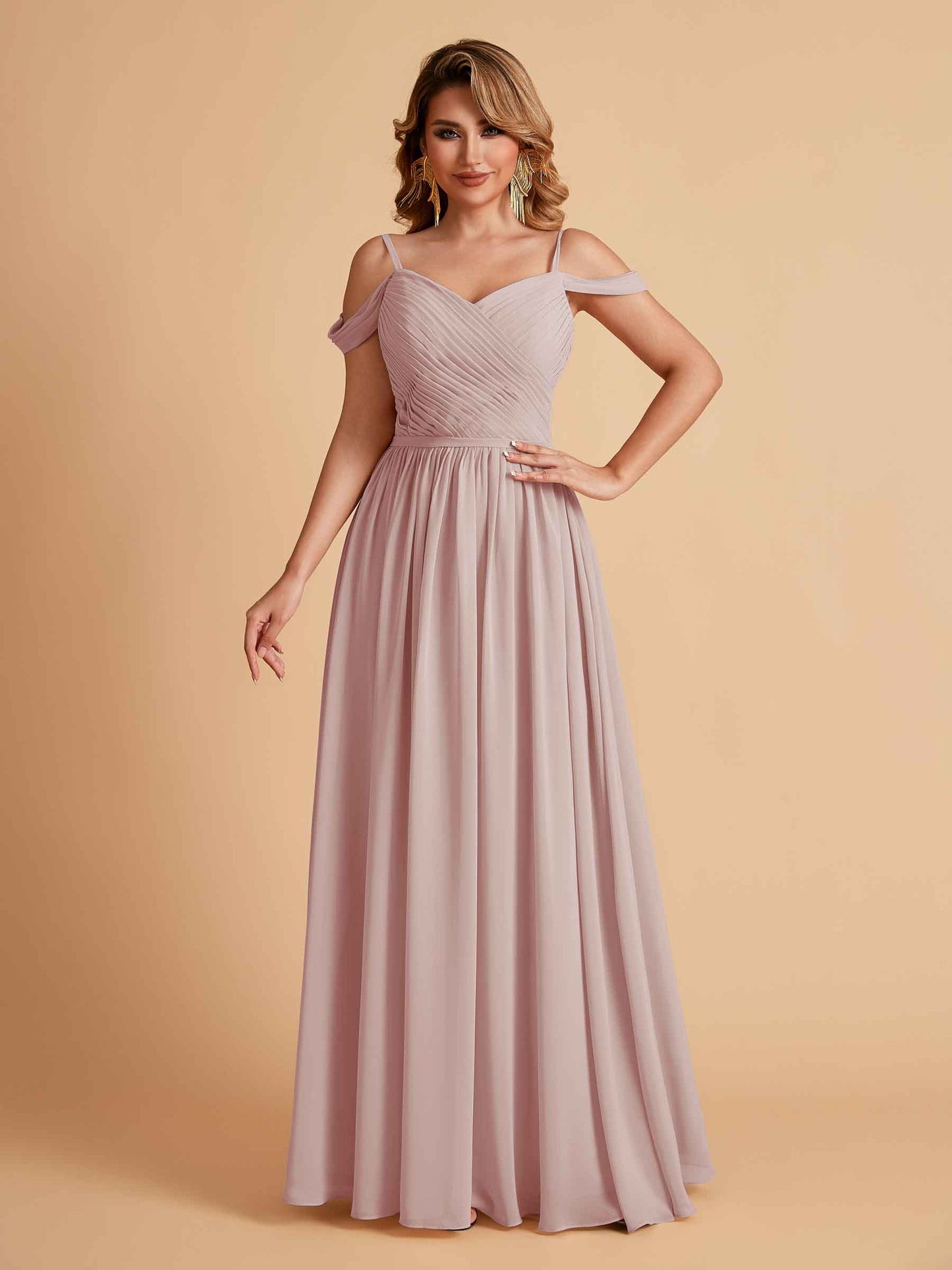 Elegant A-line Chiffon Off The Shoulder V-Neck Bridesmaid Dresses Online
