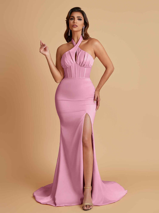 Elegant Soft Satin Mermaid Halter Side Slit Floor-Length Bridesmaid Dresses Online