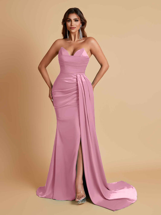 Gorgeous Strapless Soft Satin Side Slit Floor-Length Mermaid Bridesmaid Dresses