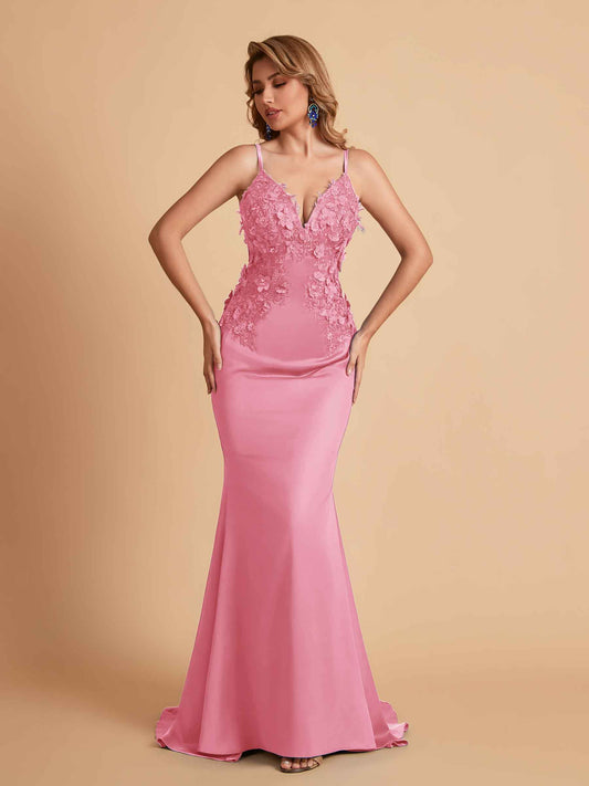Sexy Satin Spaghetti Straps V-neck Mermaid Floor Length Applique Bridesmaid Dresses