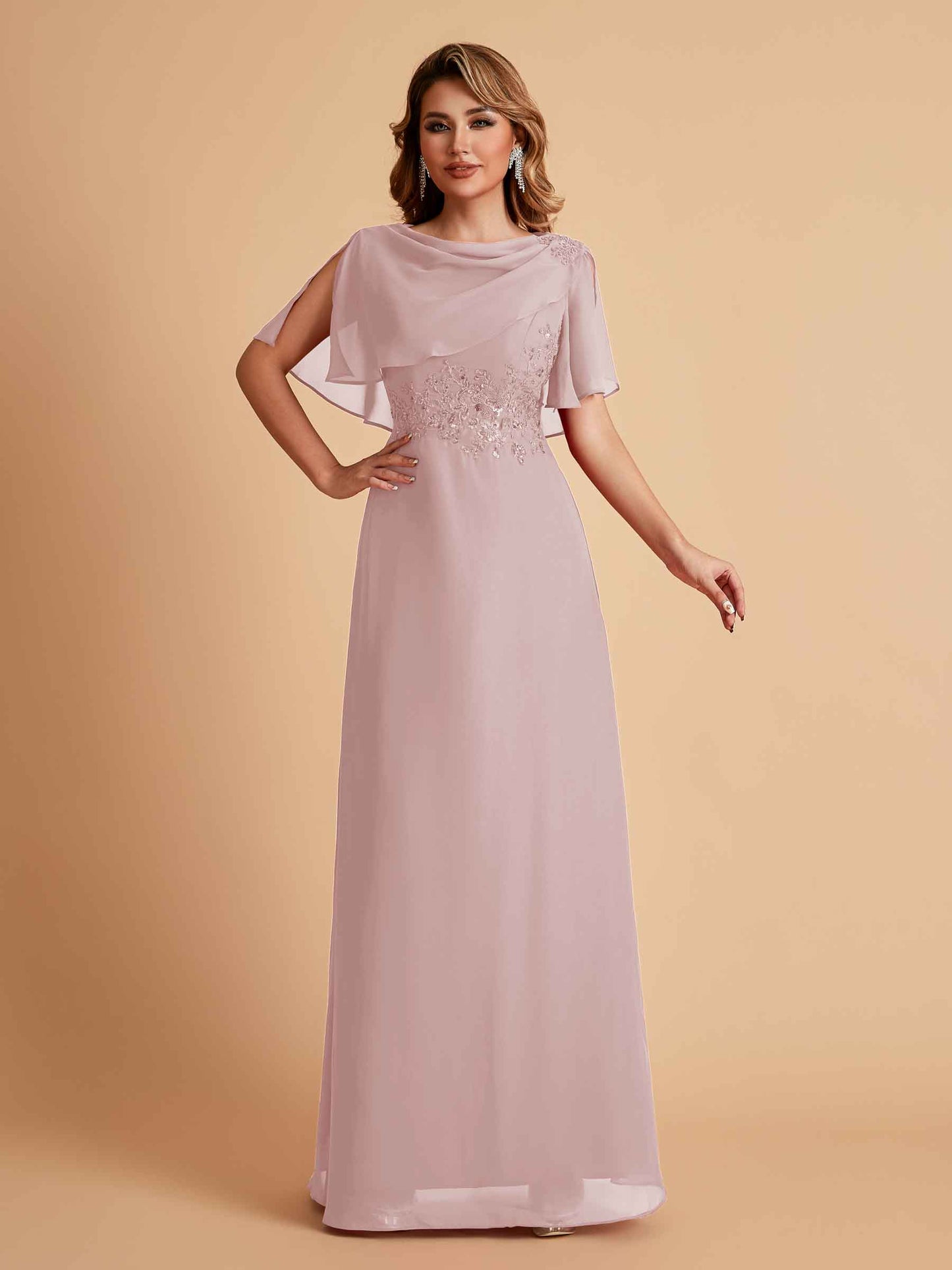 Elegant A-Line Chiffon Half Sleeves Jewel Mother of the Brides Dresses Online