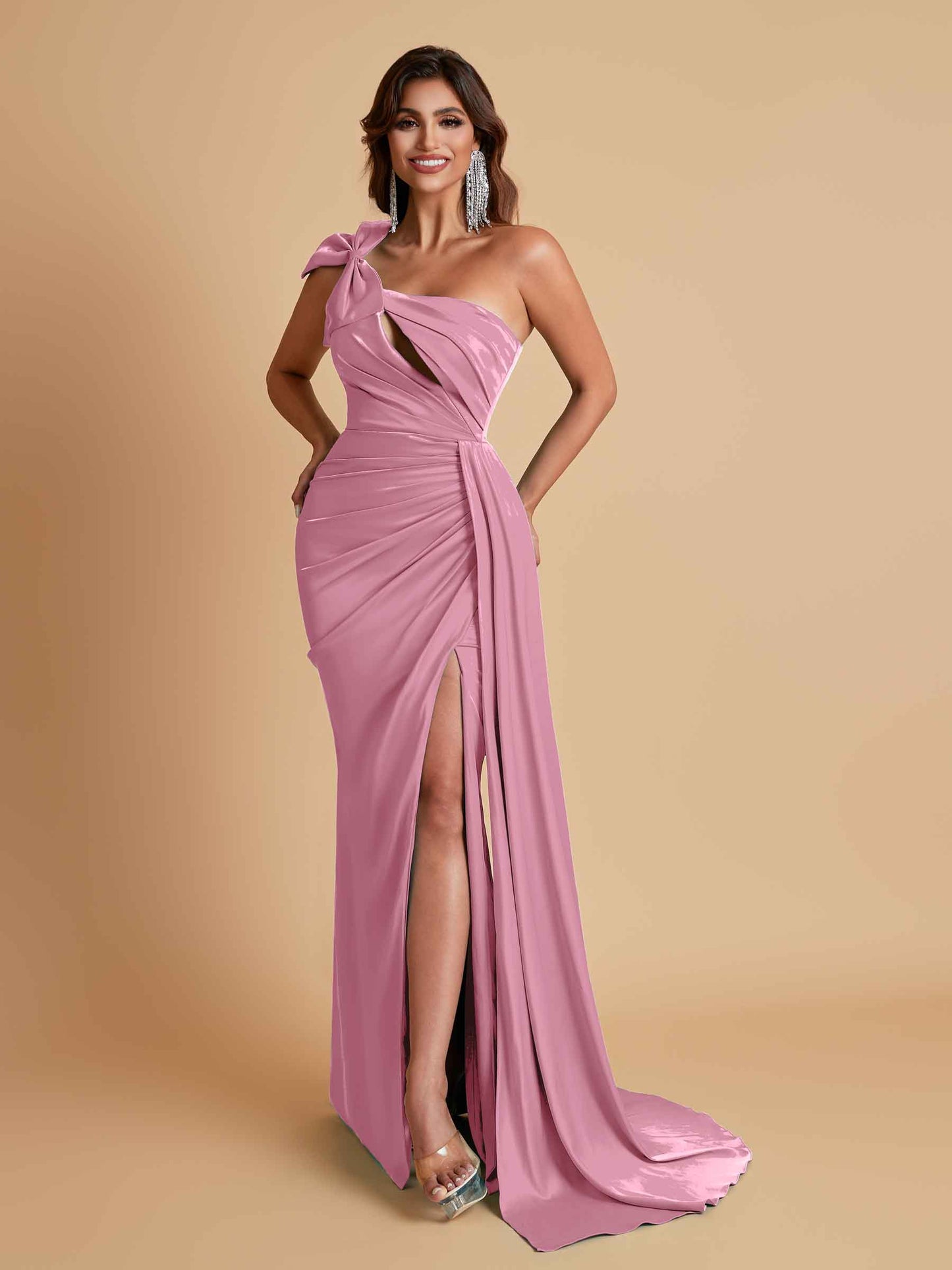 Gorgeous One Shoulder Bow Knot Soft Satin Side Slit Floor-Length Mermaid Bridesmaid Dresses