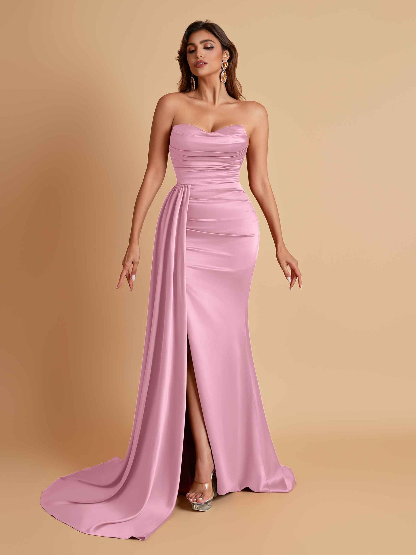 Elegant Soft Satin Sweetheart Strapless Side-Slit Mermaid Bridesmaid Dresses