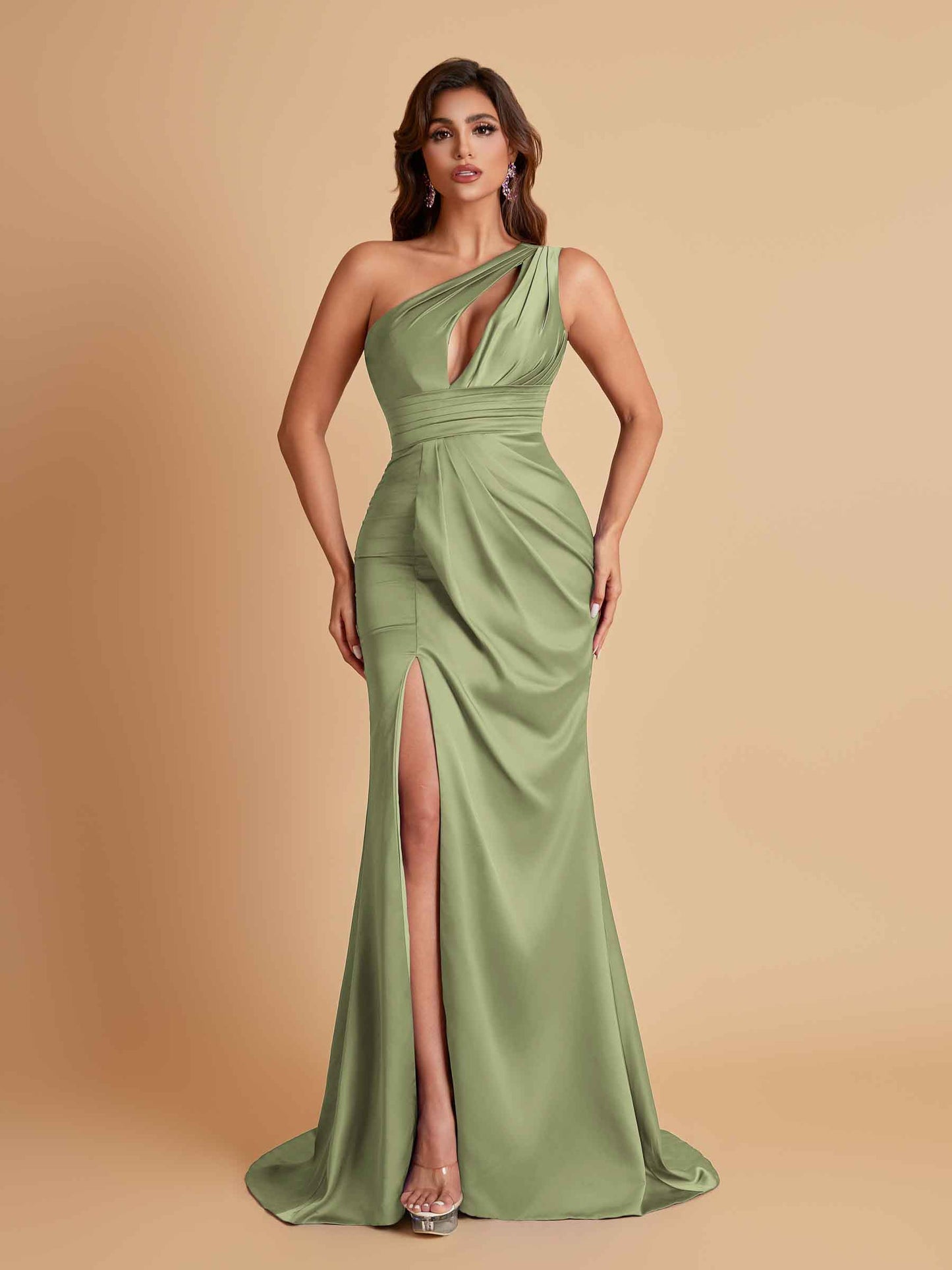 Sexy One Shoulder Soft Satin Side Slit Floor-Length Mermaid Bridesmaid Dresses