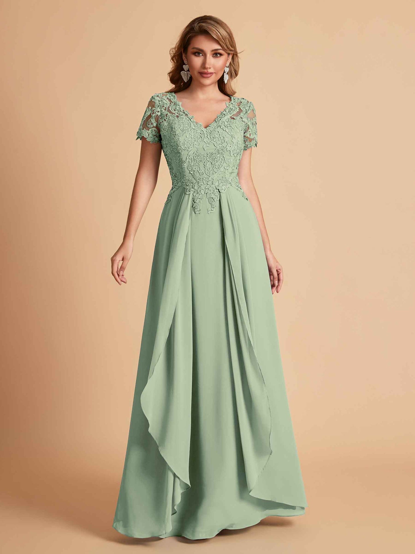 Elegant A-Line Chiffon Short Sleeves V-neck Mother of the Brides Dresses Lace Top MOB Dresses
