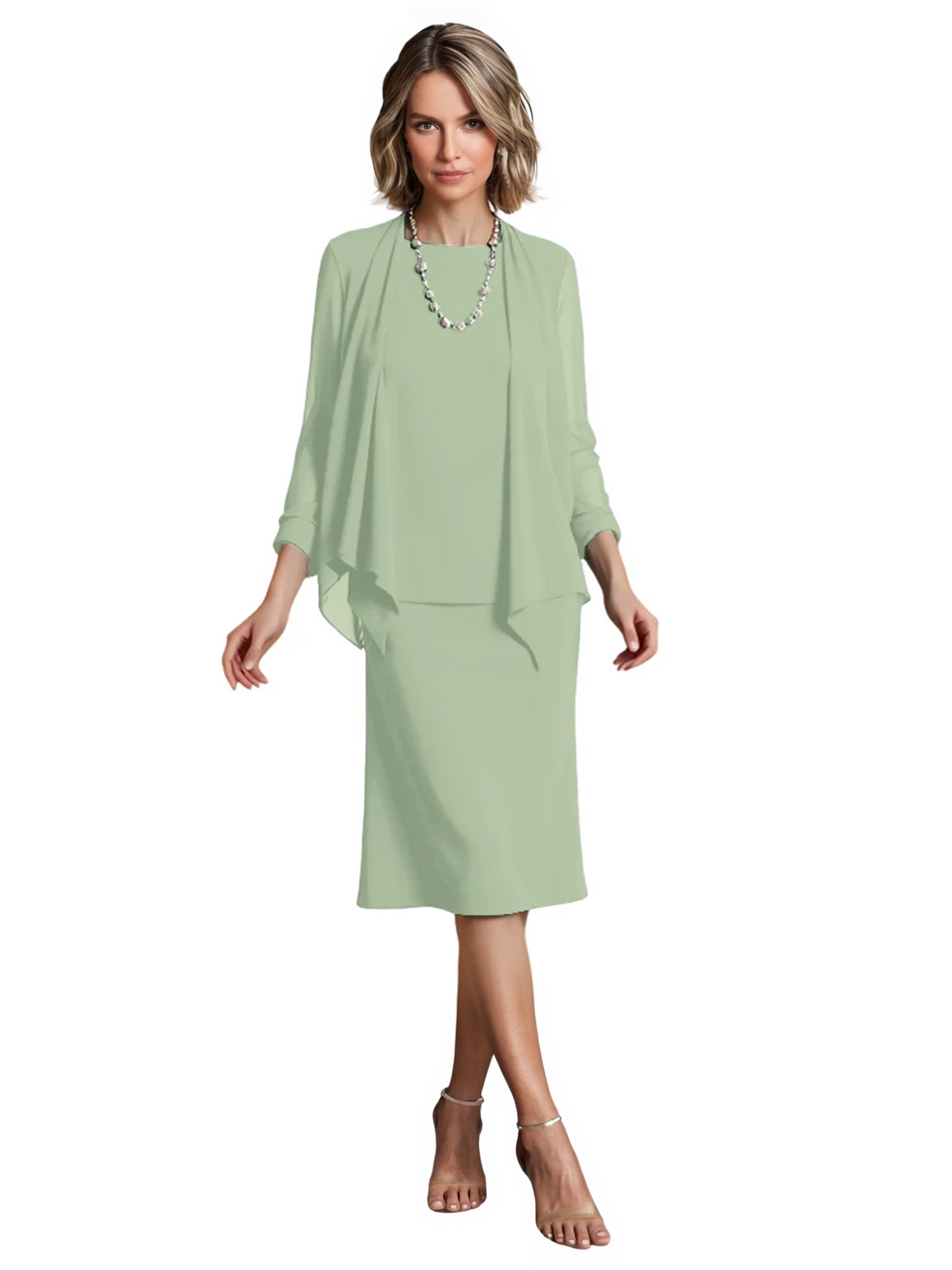 3 PCS Knee-Length Mother of Bride Dresses Prom Dress Evening Dress with Sheer Sleeves and Jacket