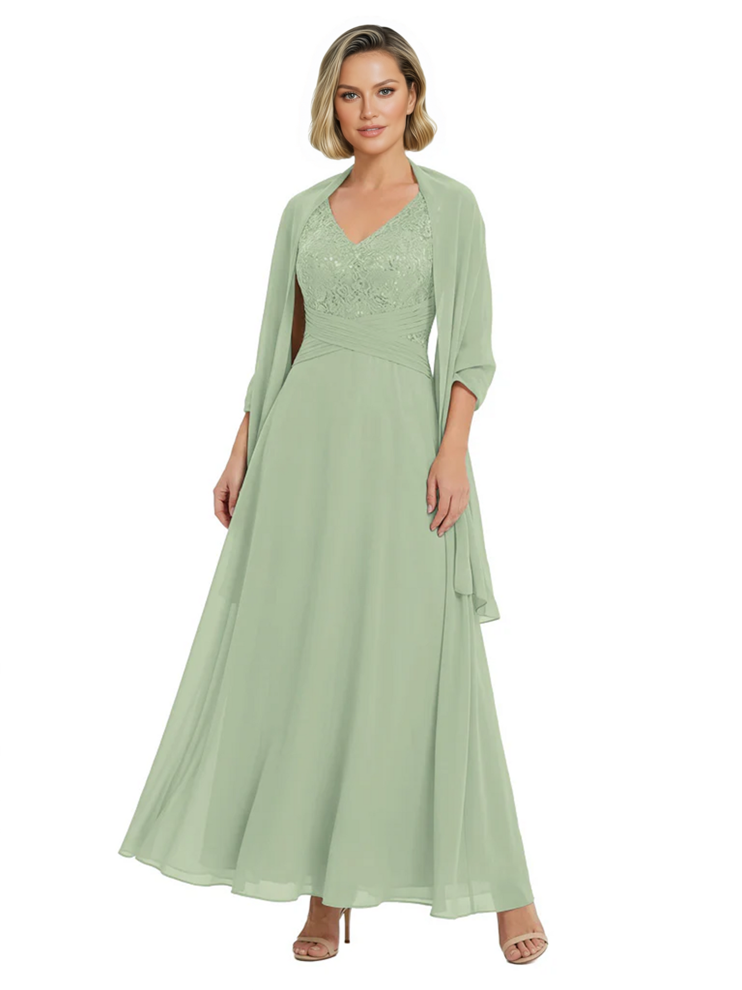 Luxury Formal Mother of Bride Dress Sparkling Sequin Top & Flowy Chiffon Skirt with Shawl