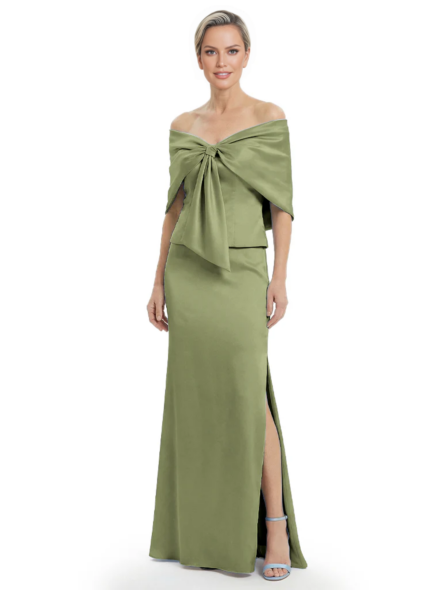 Formal Floor-Length Mother of the Bride Gown Satin Maxi Dress with Bow Neckline