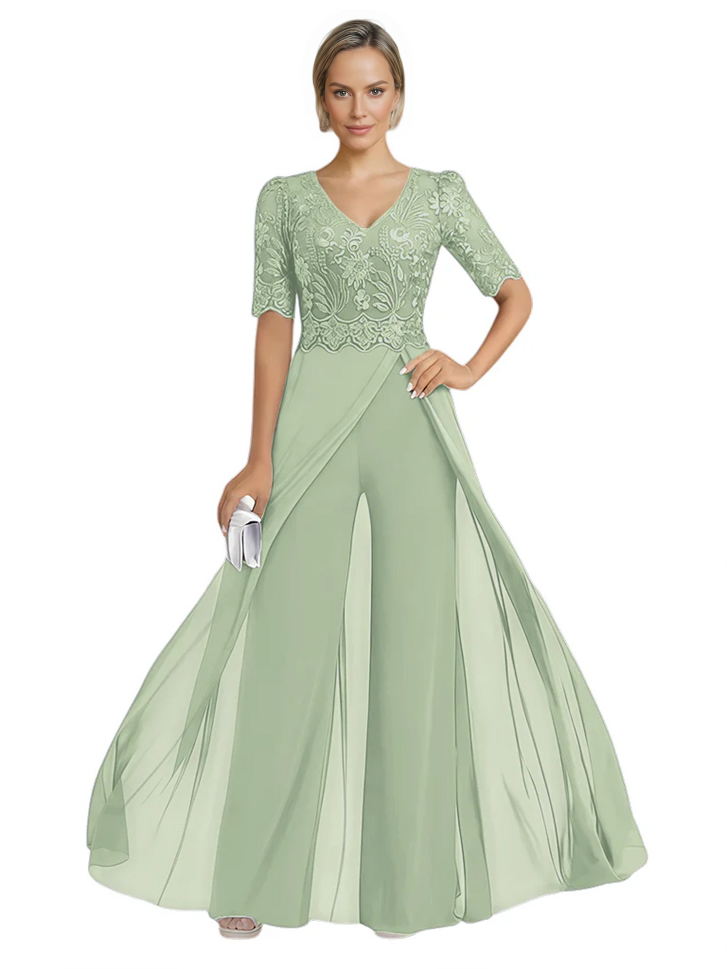 V-Neck Chiffon Mother of the Brides Jumpsuits Dresses Floor Length A-Line Lace