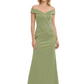 Off Shoulder Mother of the Bride Dress Beaded Waist Satin Gown Portrait Neckline
