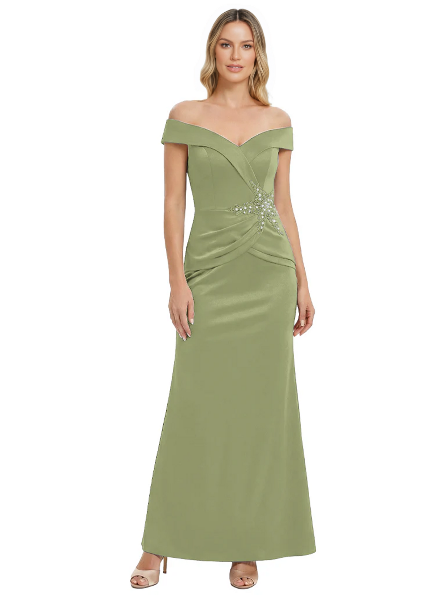 Off Shoulder Mother of the Bride Dress Beaded Waist Satin Gown Portrait Neckline