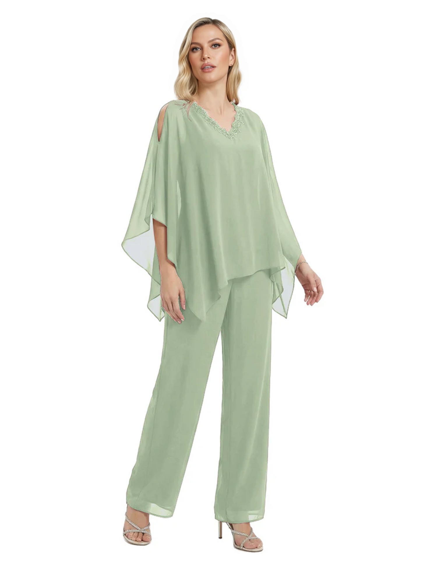 V-Neck Chiffon Mother of the Brides Dresses Plus Size Jacket Suits Wedding