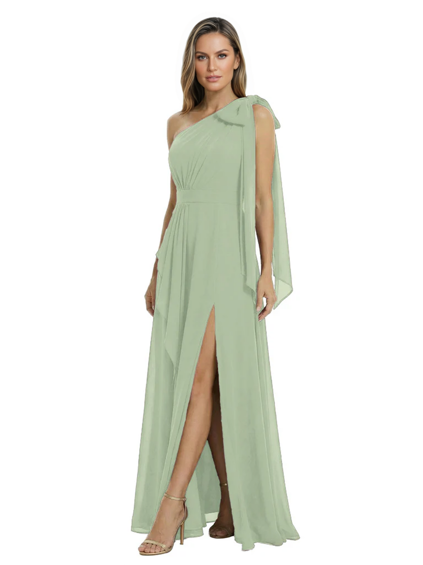 One-Shoulder Mother of the Bride Dress Chiffon Gown with Long Sash Detail