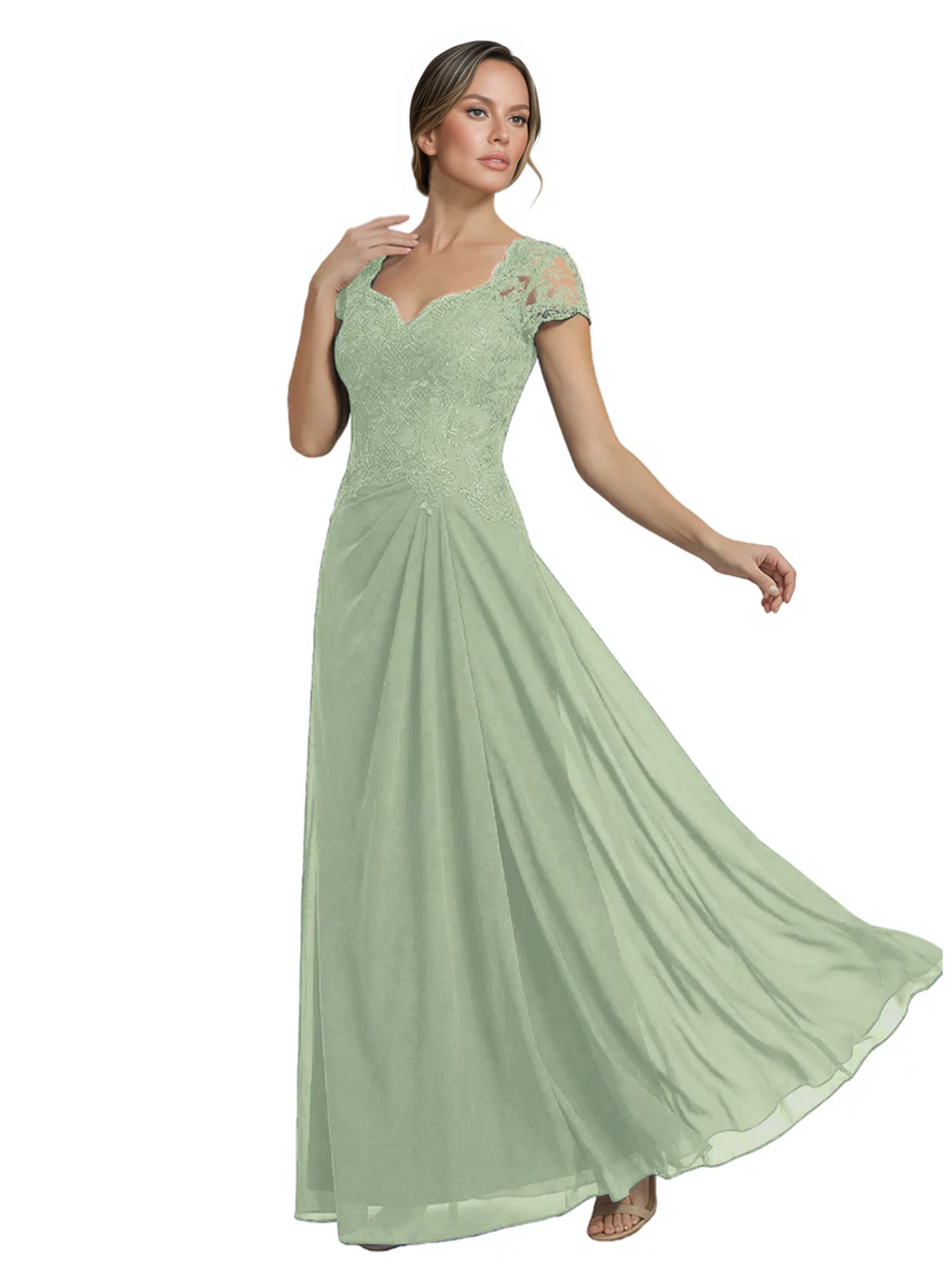Long A-line Chiffon Short Sleeves Mother of the Brides Dresses Lace Wedding