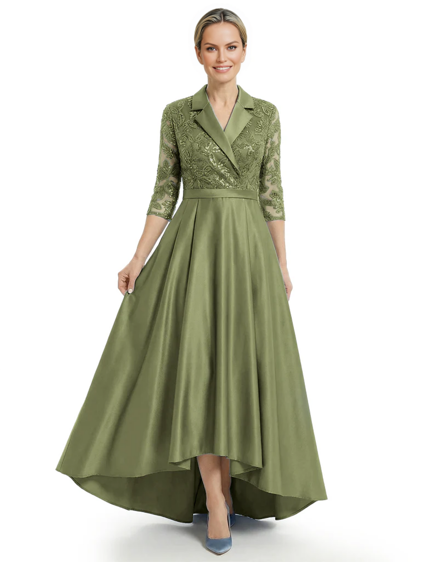 Elegant Mother of Bride Dress Evening Gowns Trending Styles with Lapel Collar 3/4 Sleeves
