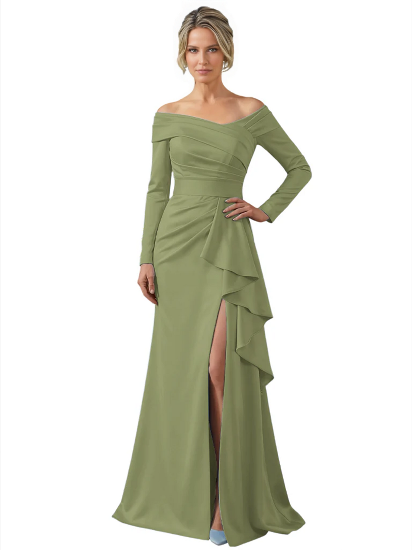 Elegant Mother of the Groom Dress Cascading Ruffle Satin Gown with High Slit Long Sleeves