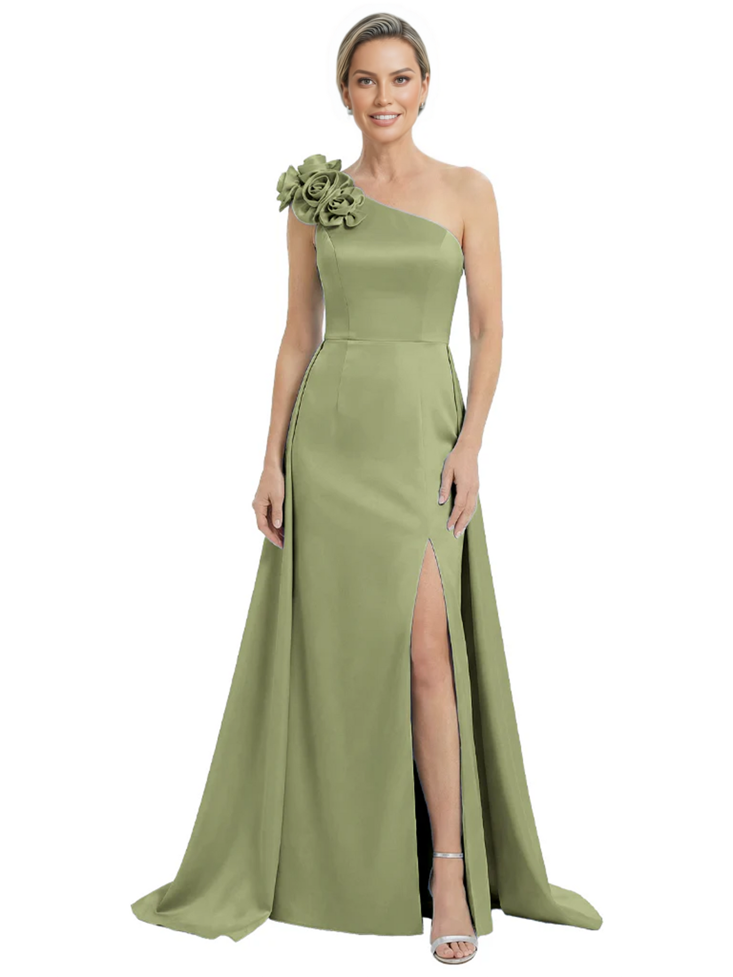 One Shoulder Mother of the Bride Dress with 3D Floral Detail Formal Dress A-Line Gowns with Slit