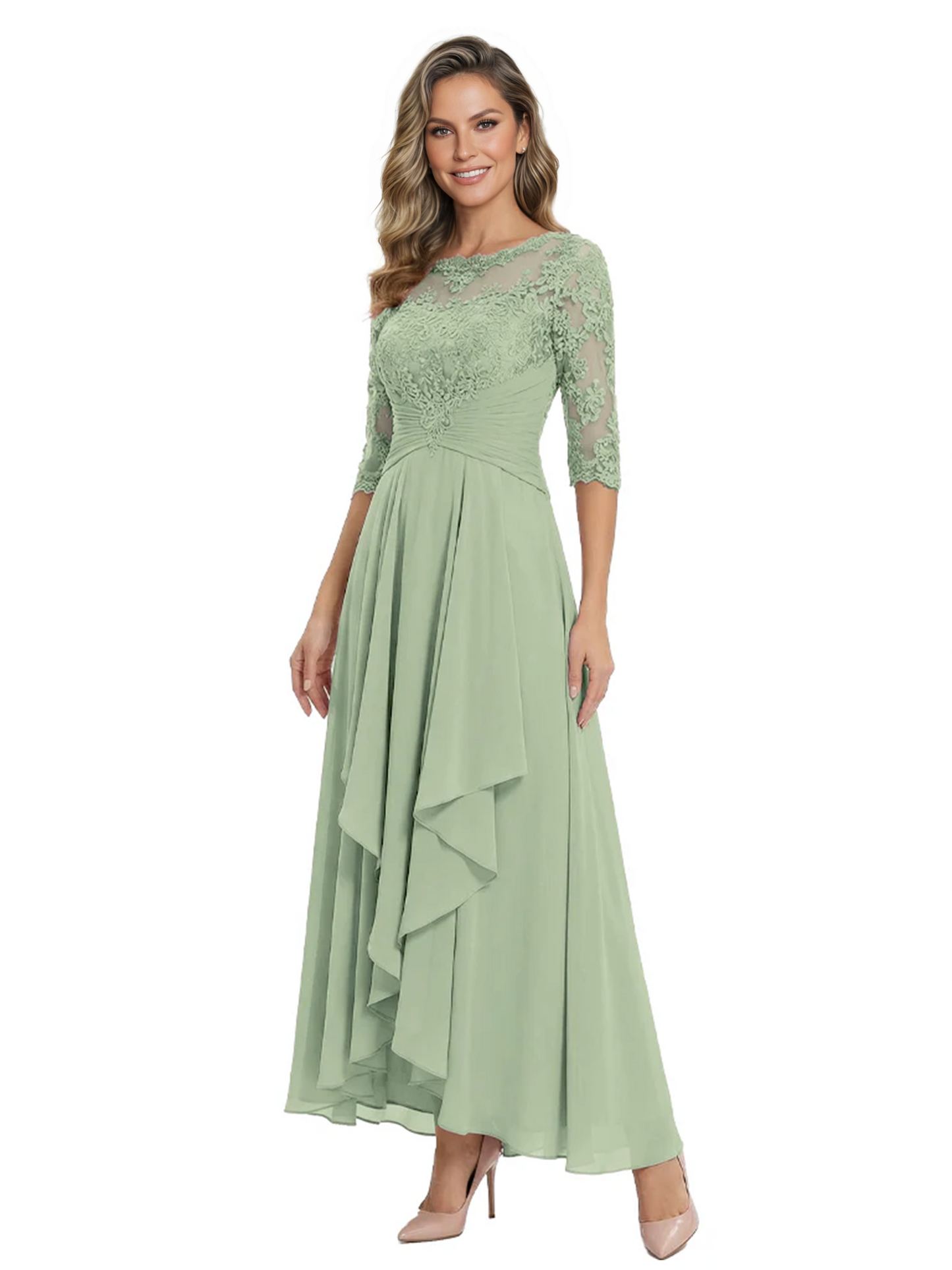 3/4 Sleeve Mother of the Bride Dress with Lace Embroidery High-Low Hem 2026