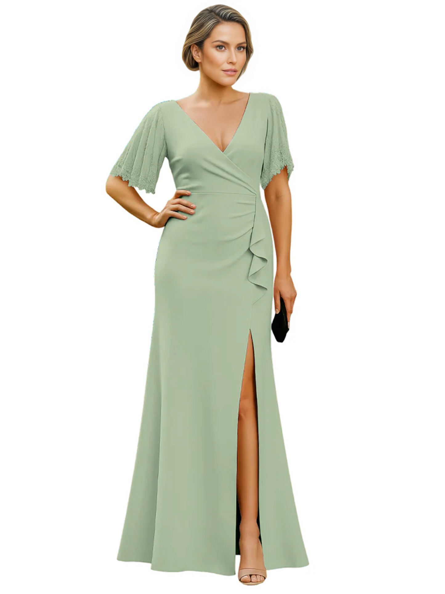 Elegant Evening Gown Trending V-Neck & Ruffle Detail Mother of Bride Outfits Slit