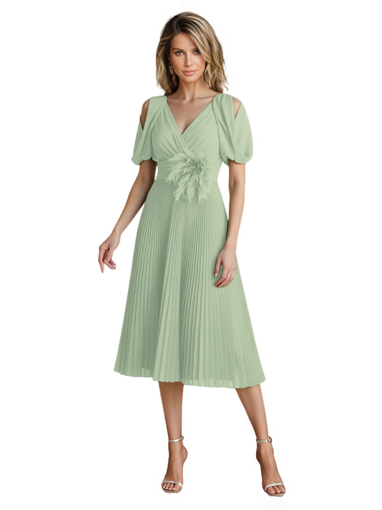 Wedding Formal Dress V-Neck Pleated Chiffon Gown with 3D Flower Accent Knee Length
