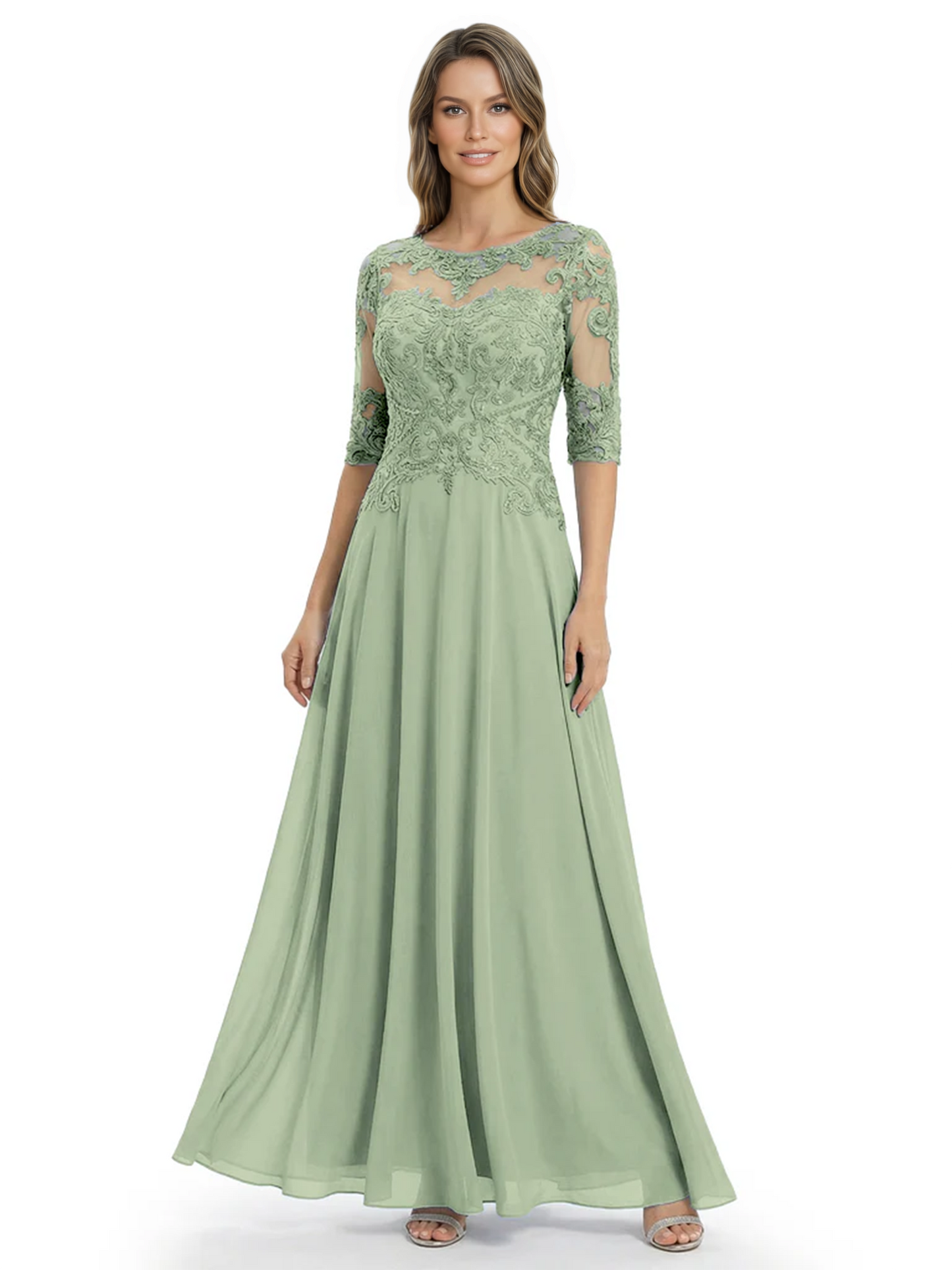 Illusion Neck Mother of the Bride Dress Half Sleeve Lace Applique Gowns Chiffon