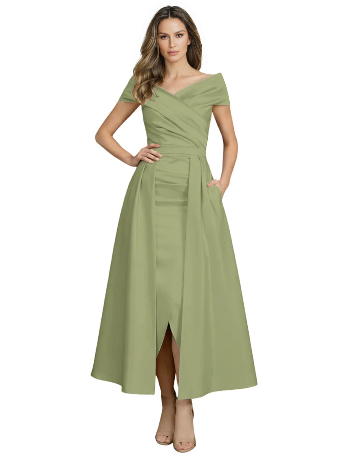 Formal Floor-Length Mother of the Bride Gown Satin Maxi Dress with Slit Off Shoulder