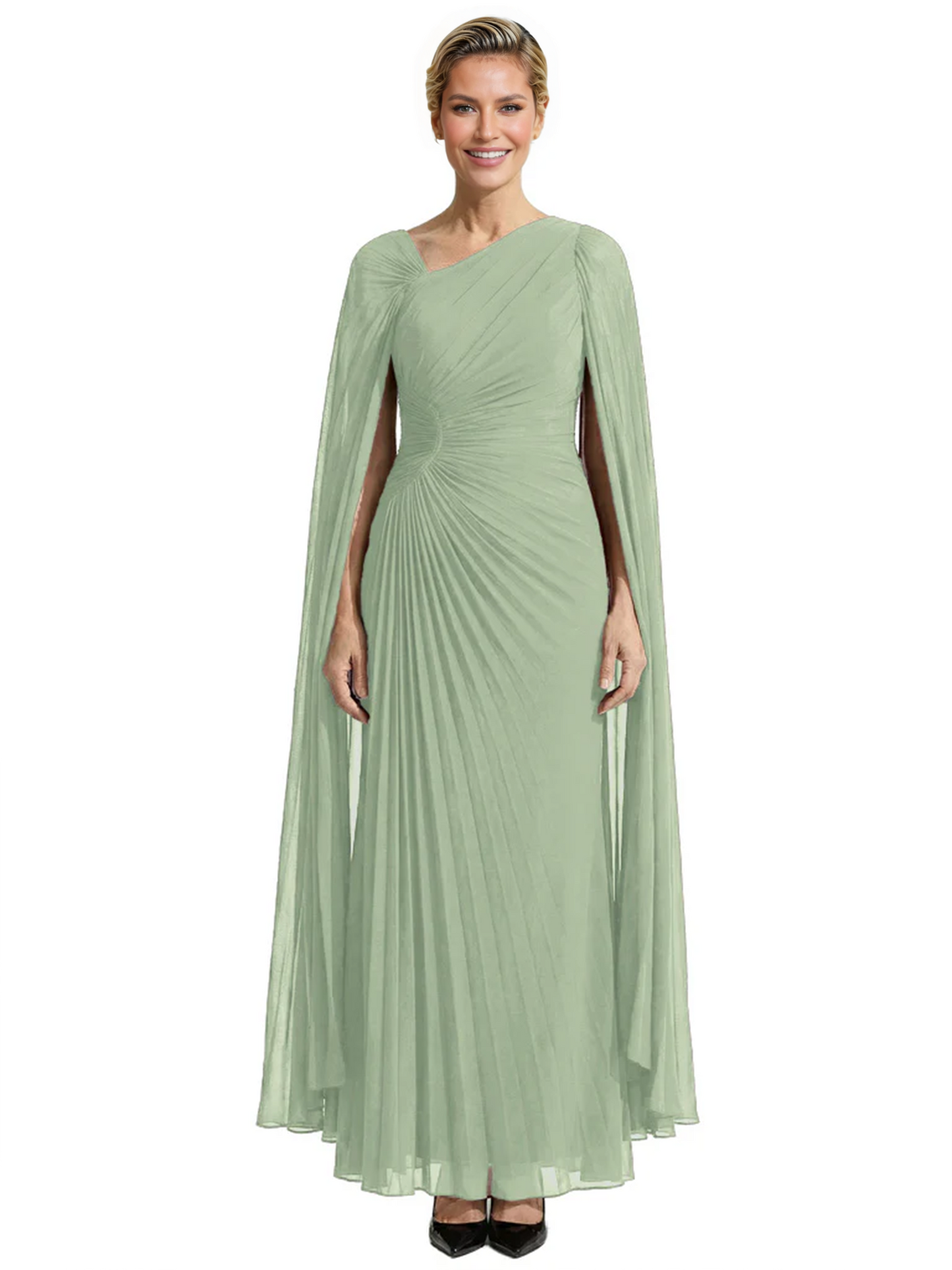 Elegant Asymmetric Neck Long A-Line Chiffon Mother of the Brides Dresses Mom Outfit with Cape