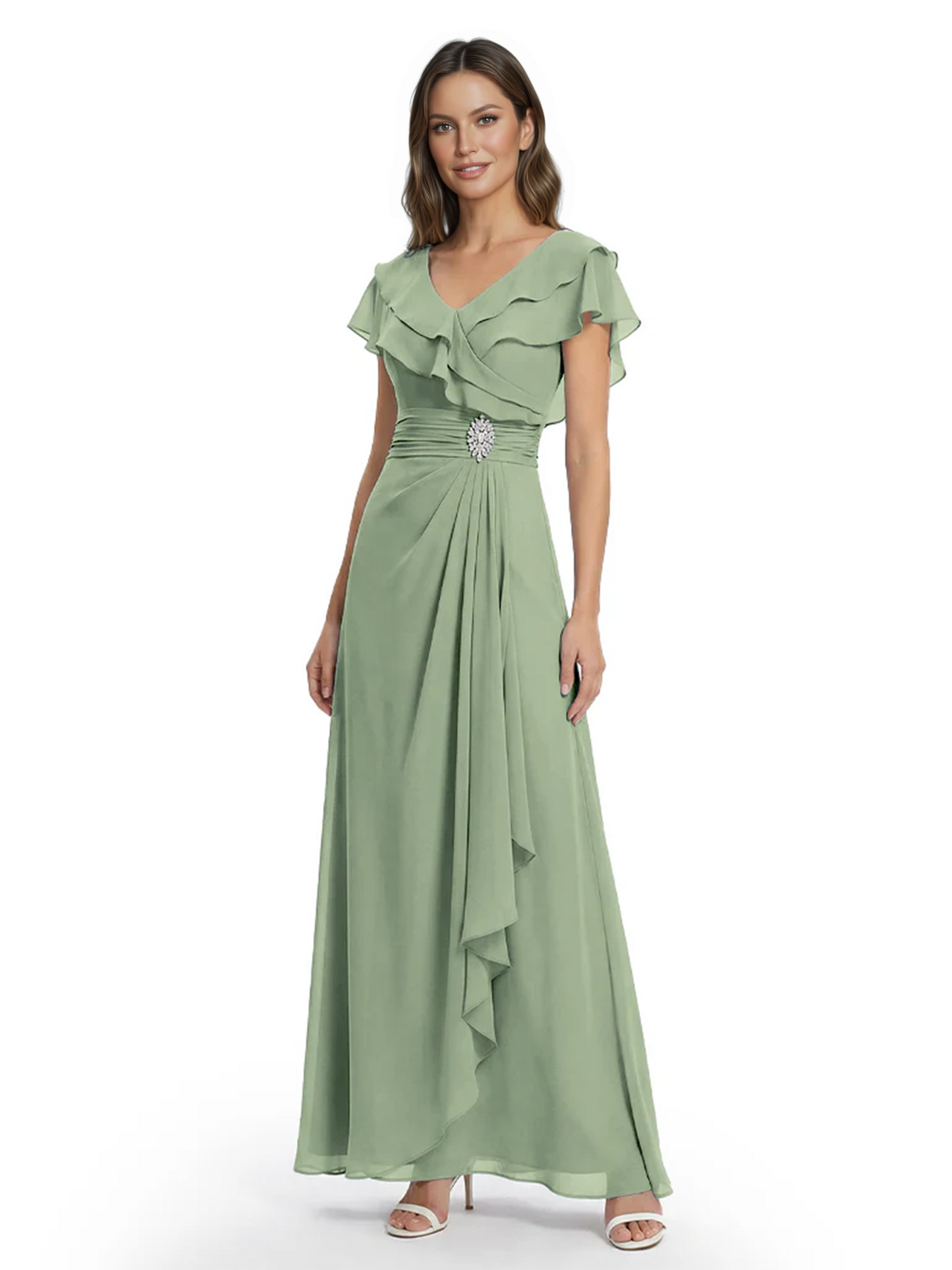 Elegant Mother of the Groom Dress Cascading Ruffle Chiffon Formal Gown Rhinestone